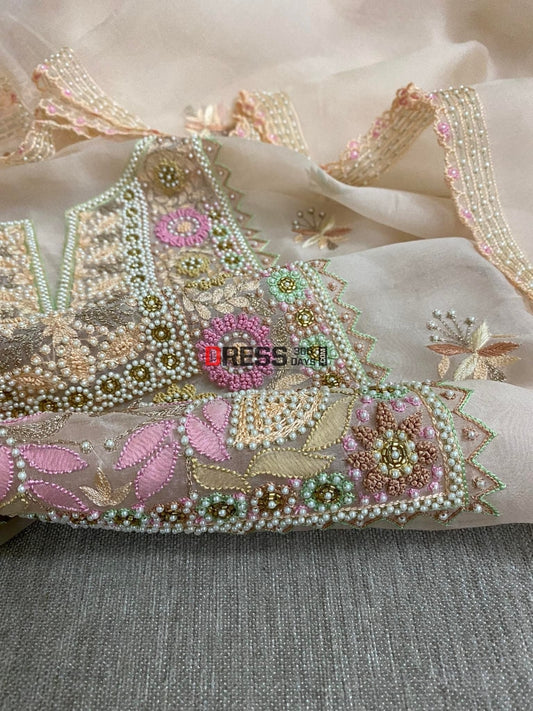 Light Peach Exclusive Organza Pearls Chikankari Suit Suits