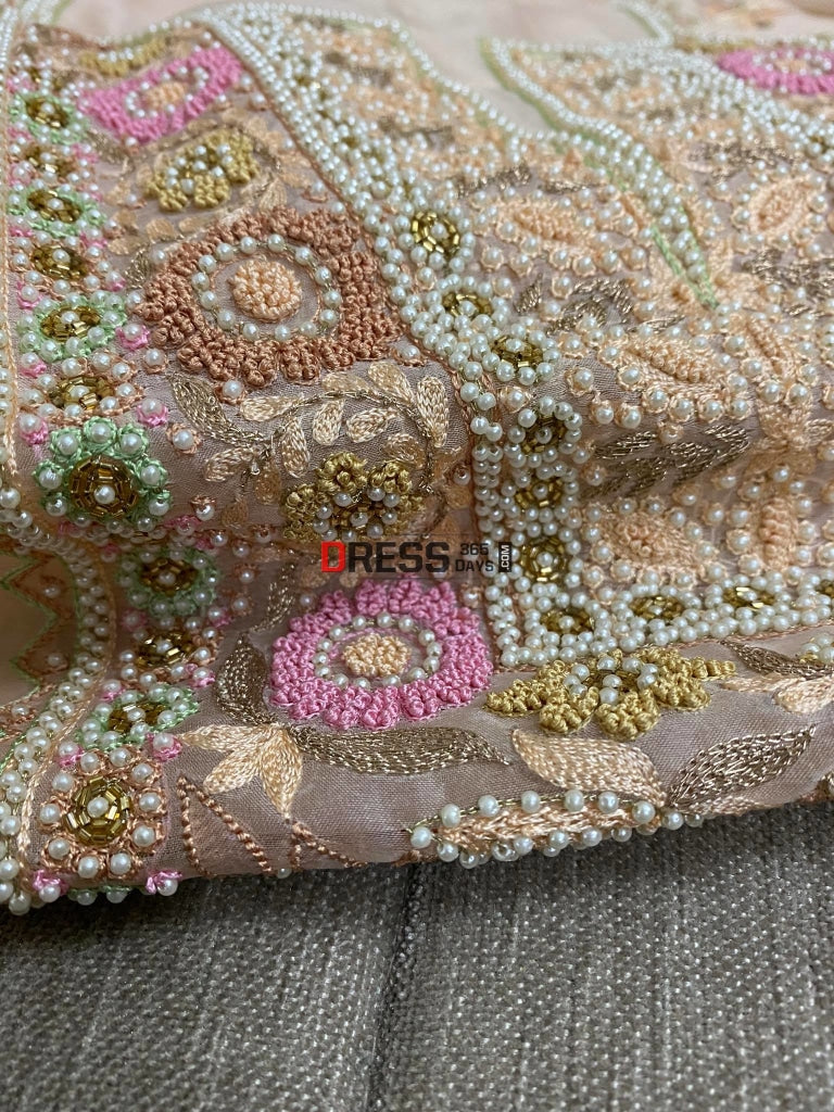 Light Peach Exclusive Organza Pearls Chikankari Suit Suits