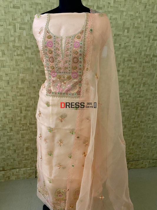 Light Peach Exclusive Organza Pearls Chikankari Suit Suits