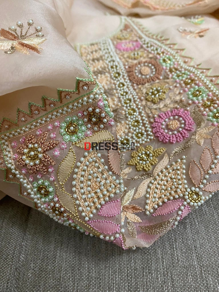 Light Peach Exclusive Organza Pearls Chikankari Suit Suits