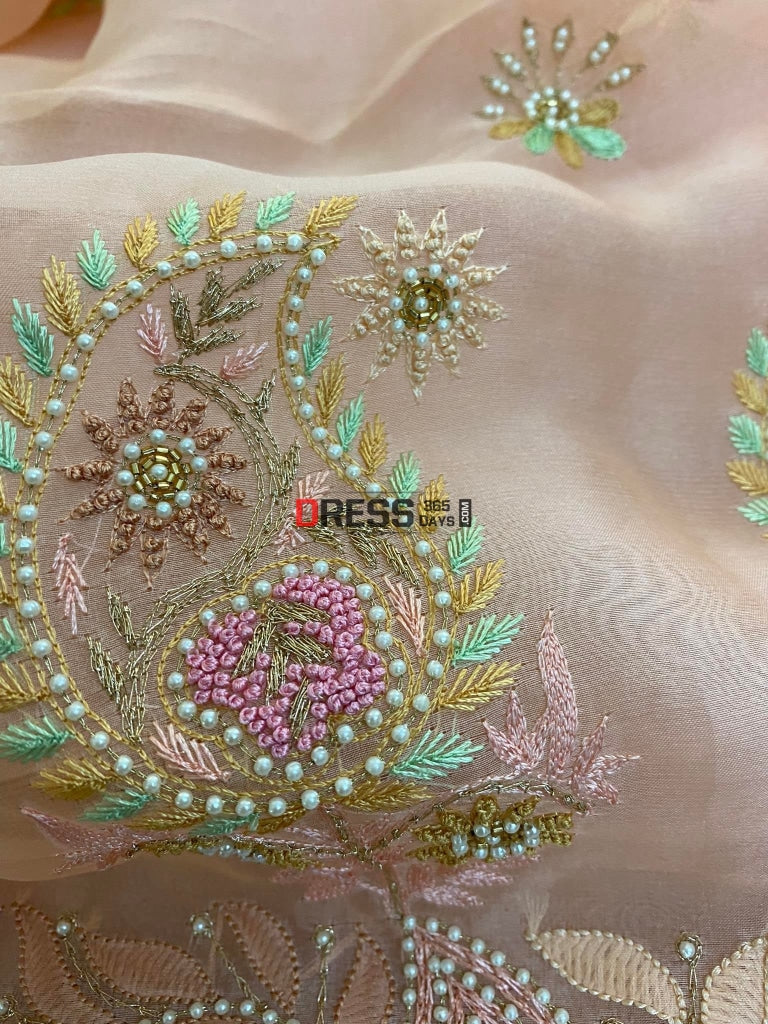Light Peach Exclusive Organza Pearls Chikankari Suit Suits