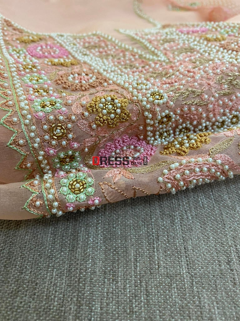 Light Peach Exclusive Organza Pearls Chikankari Suit Suits