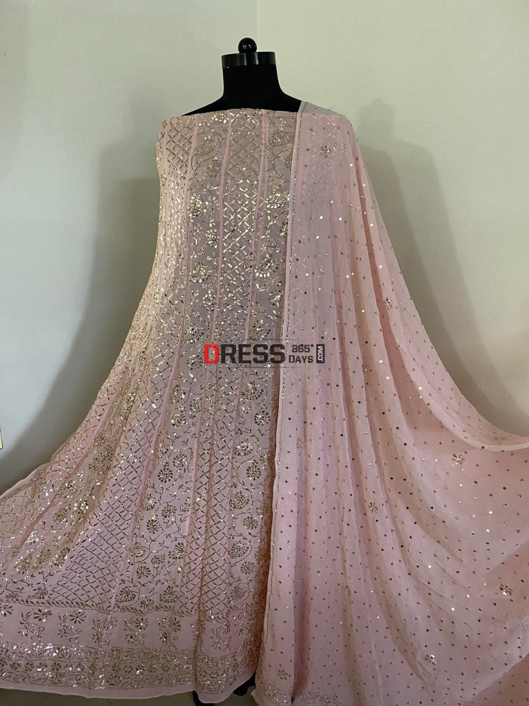 Light Peach Kamdani Anarkali Suit Chikankari