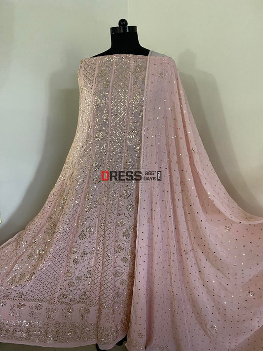 Light Peach Kamdani Anarkali Suit Chikankari