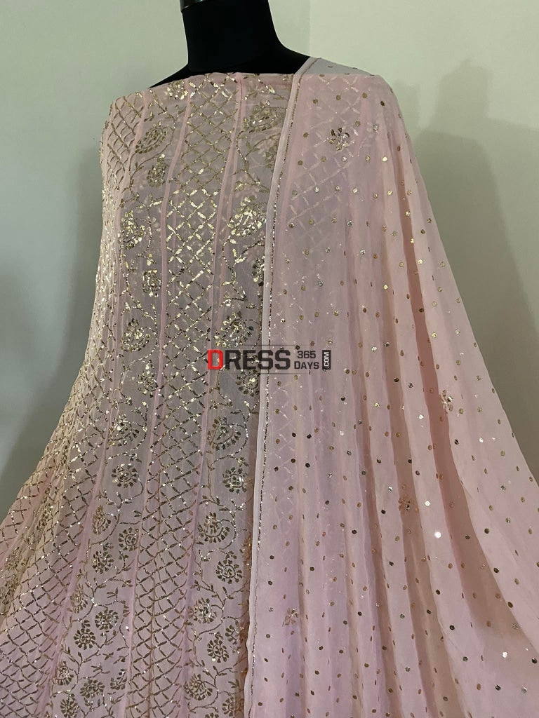 Light Peach Kamdani Anarkali Suit Chikankari