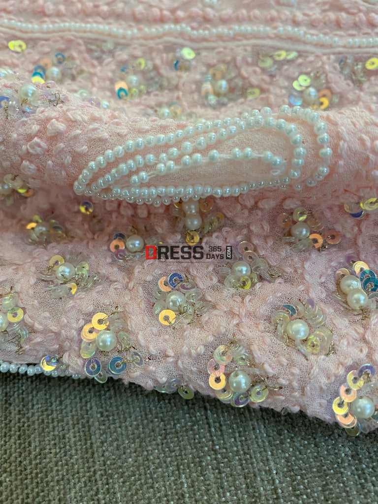 Light Peachy Pink Pearl & Sequins Anarkali Suit Chikankari