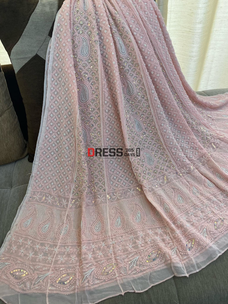 Light Peachy Pink Pearl & Sequins Anarkali Suit Chikankari