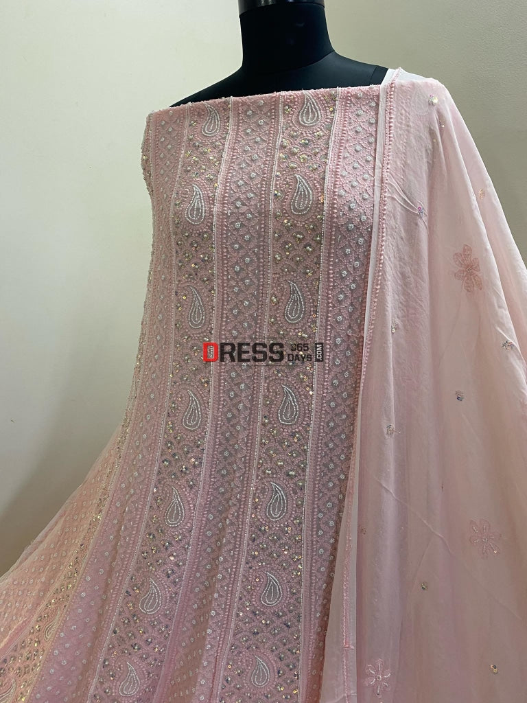 Light Peachy Pink Pearl & Sequins Anarkali Suit Chikankari
