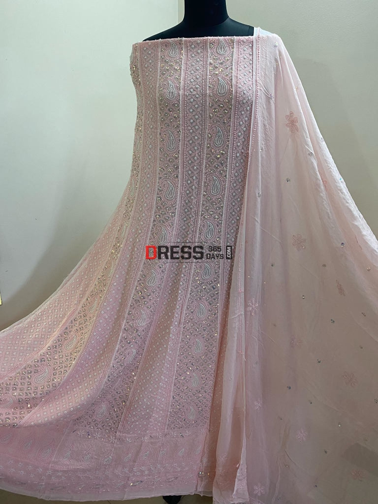 Light Peachy Pink Pearl & Sequins Anarkali Suit Chikankari