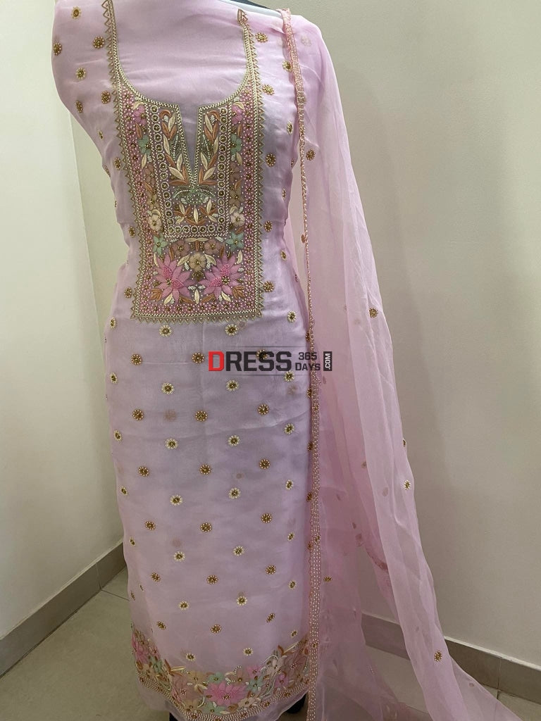 Light Pink Exclusive Organza Pearls Chikankari Suit Suits