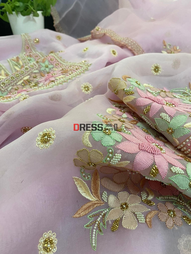 Light Pink Exclusive Organza Pearls Chikankari Suit Suits