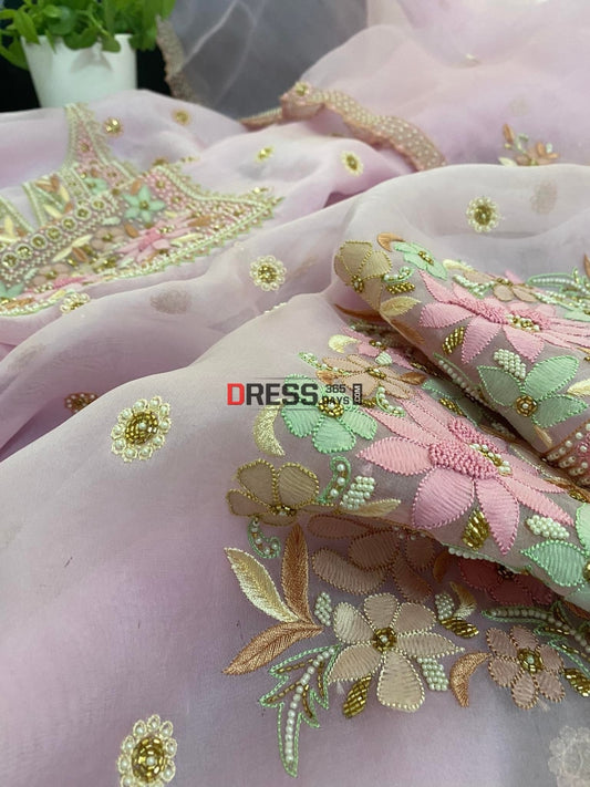 Light Pink Exclusive Organza Pearls Chikankari Suit Suits