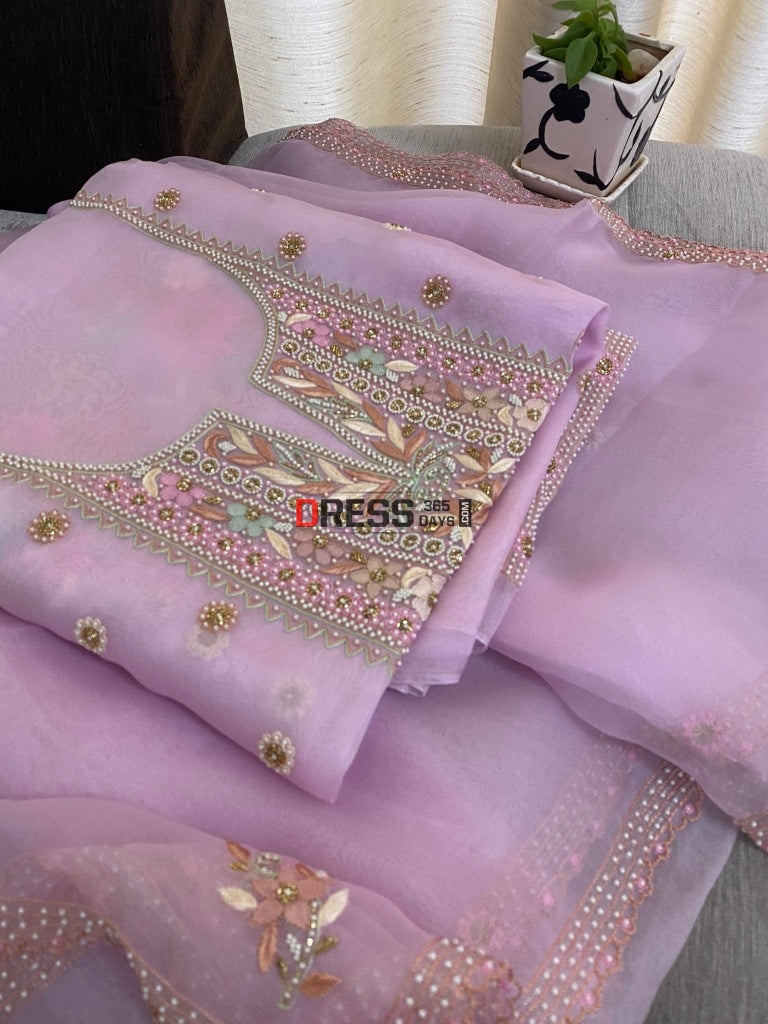 Light Pink Exclusive Organza Pearls Chikankari Suit Suits