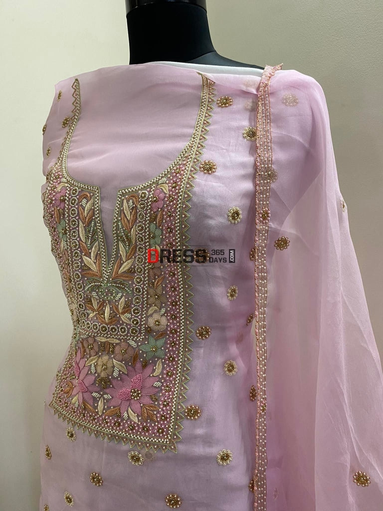 Light Pink Exclusive Organza Pearls Chikankari Suit Suits