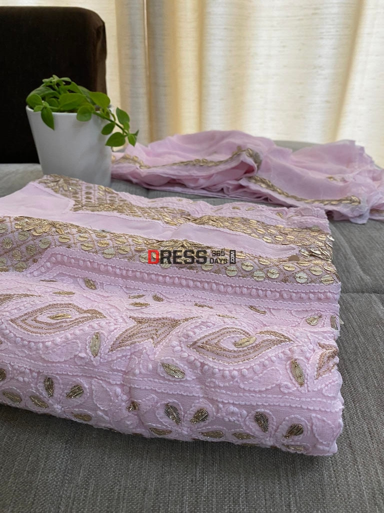 Light Pink Gota Patti Neckline Chikankari Kurta Dupatta Suits