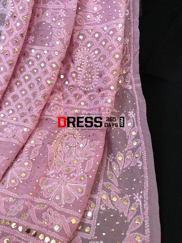 Light Pink Hand Embroidered Mukaish Chikankari Dupatta