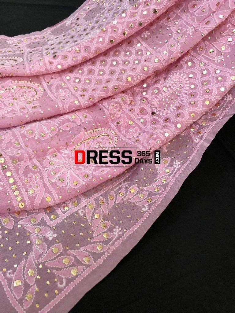 Light Pink Hand Embroidered Mukaish Chikankari Dupatta