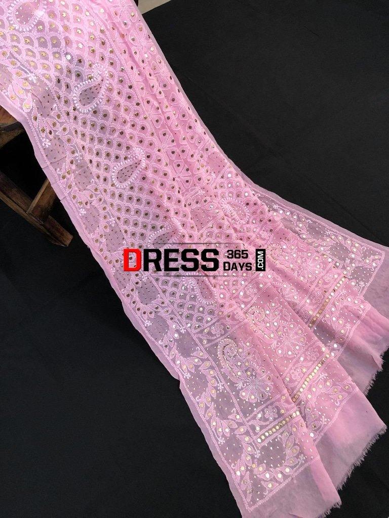 Light Pink Hand Embroidered Mukaish Chikankari Dupatta