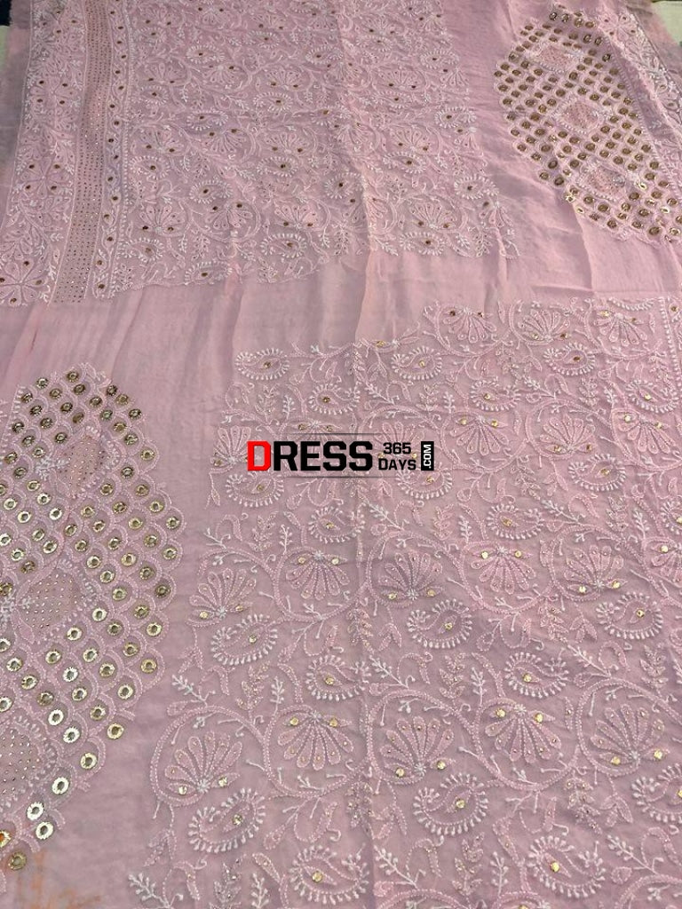 Light Pink Lucknowi Chikankari Ring Mukaish Lehenga Set