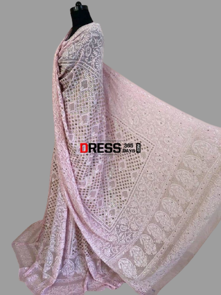 Light Pink Lucknowi Chikankari Ring Mukaish Lehenga Set