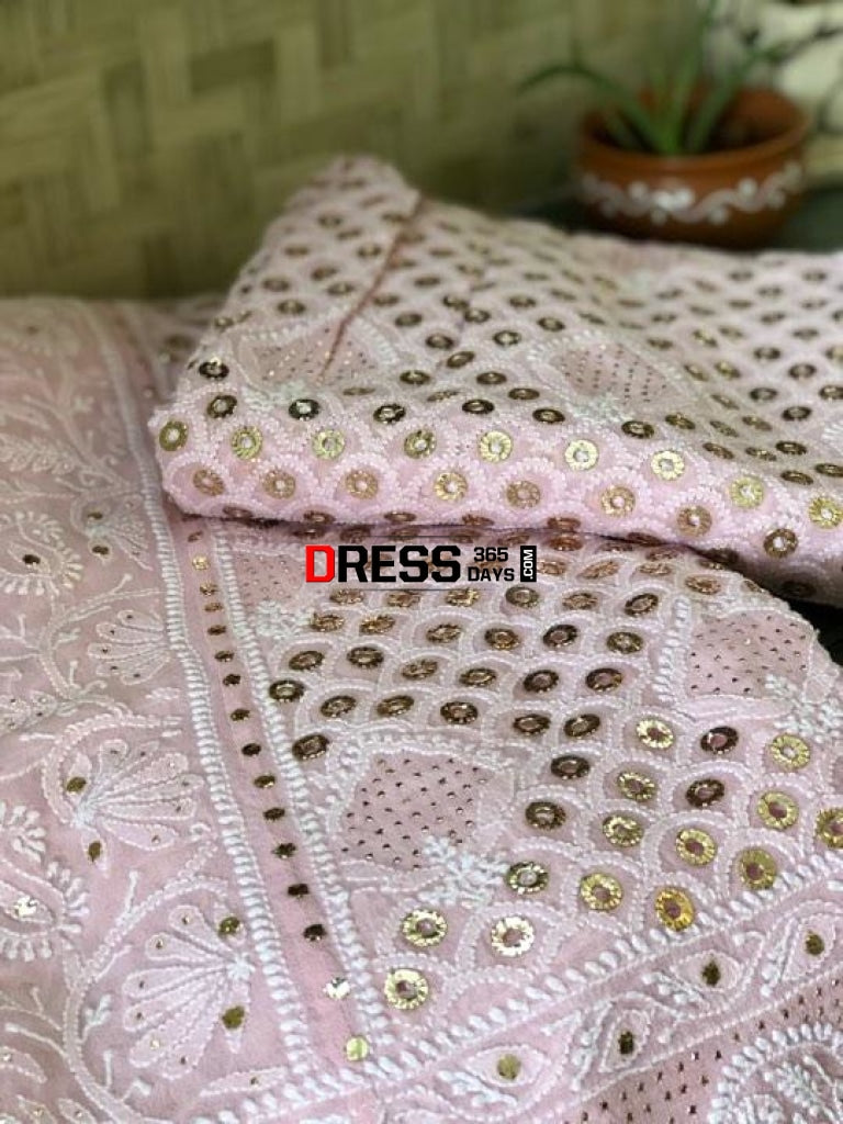 Light Pink Lucknowi Chikankari Ring Mukaish Lehenga Set