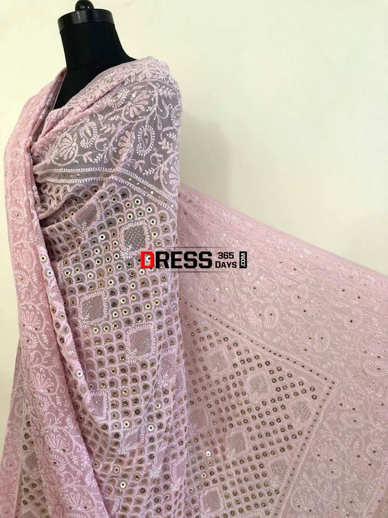 Light Pink Lucknowi Chikankari Ring Mukaish Lehenga Set