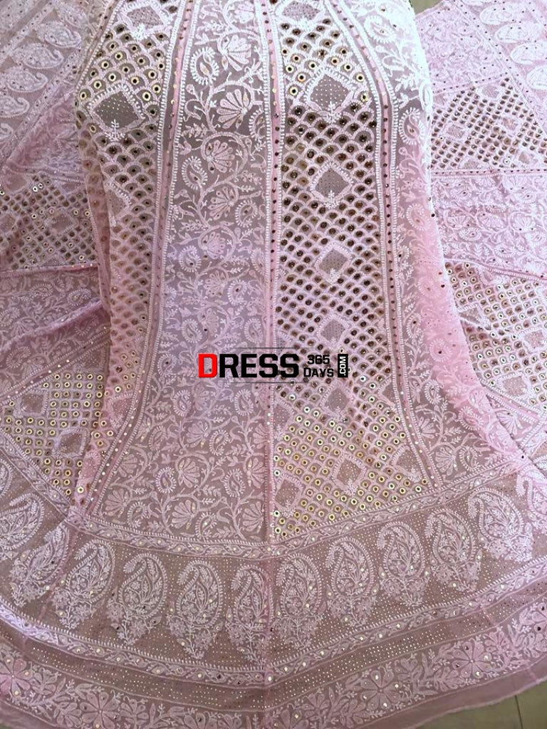 Light Pink Lucknowi Chikankari Ring Mukaish Lehenga Set
