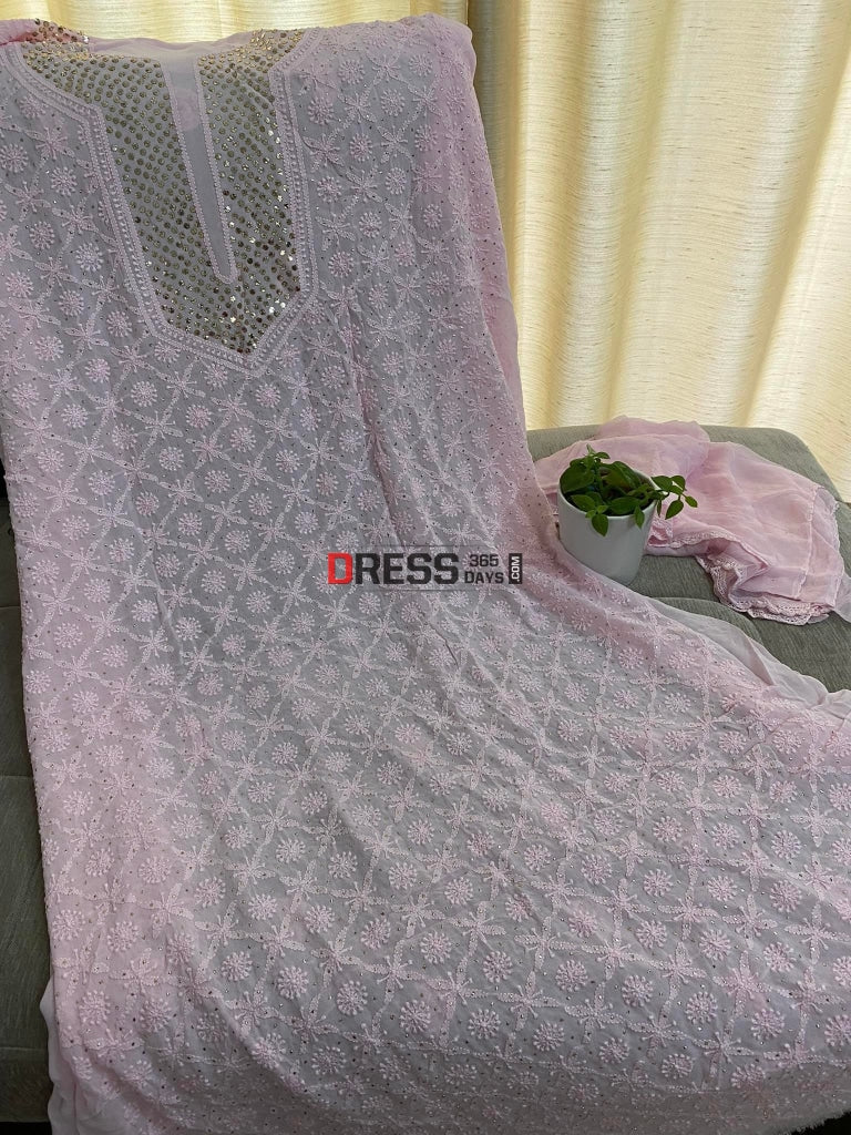Light Pink Mukaish Neckline Chikankari Kurta Dupatta Suits