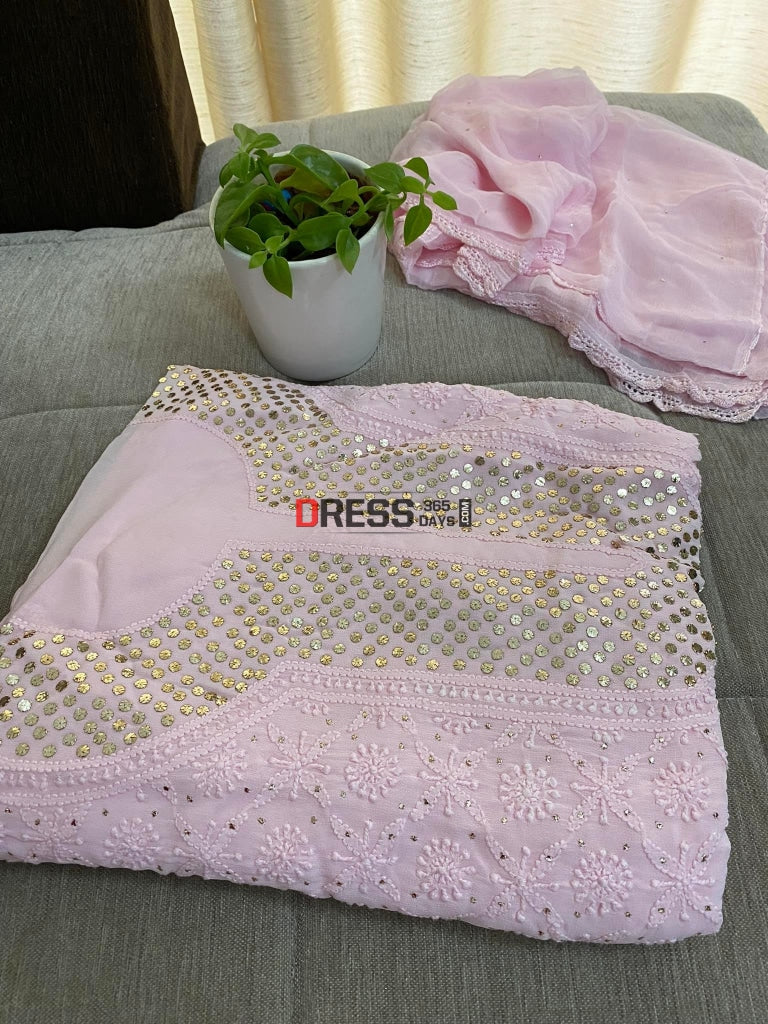 Light Pink Mukaish Neckline Chikankari Kurta Dupatta Suits