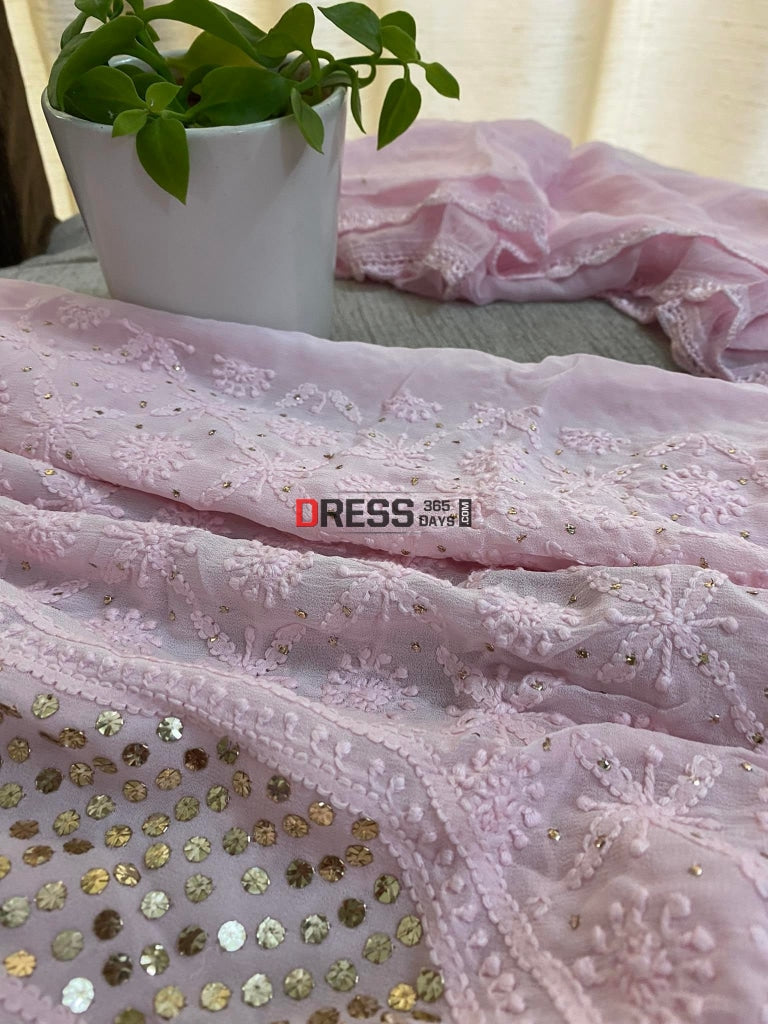 Light Pink Mukaish Neckline Chikankari Kurta Dupatta Suits