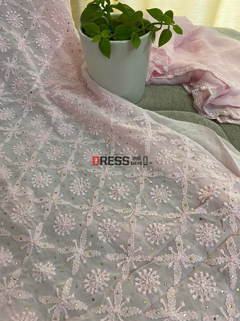 Light Pink Mukaish Neckline Chikankari Kurta Dupatta Suits