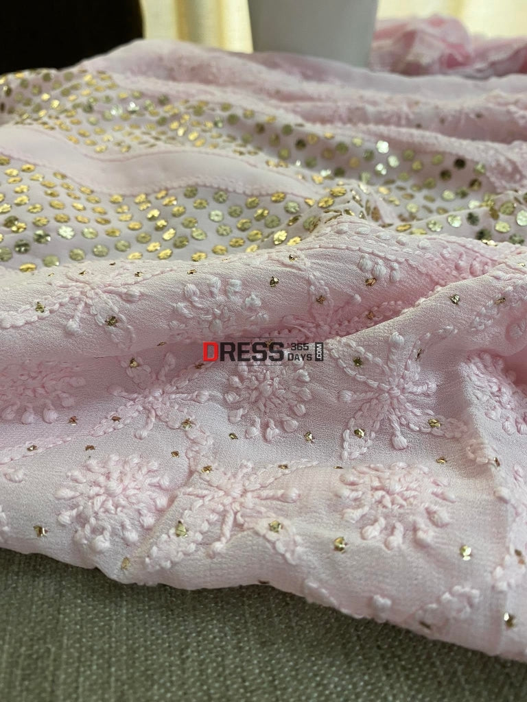 Light Pink Mukaish Neckline Chikankari Kurta Dupatta Suits