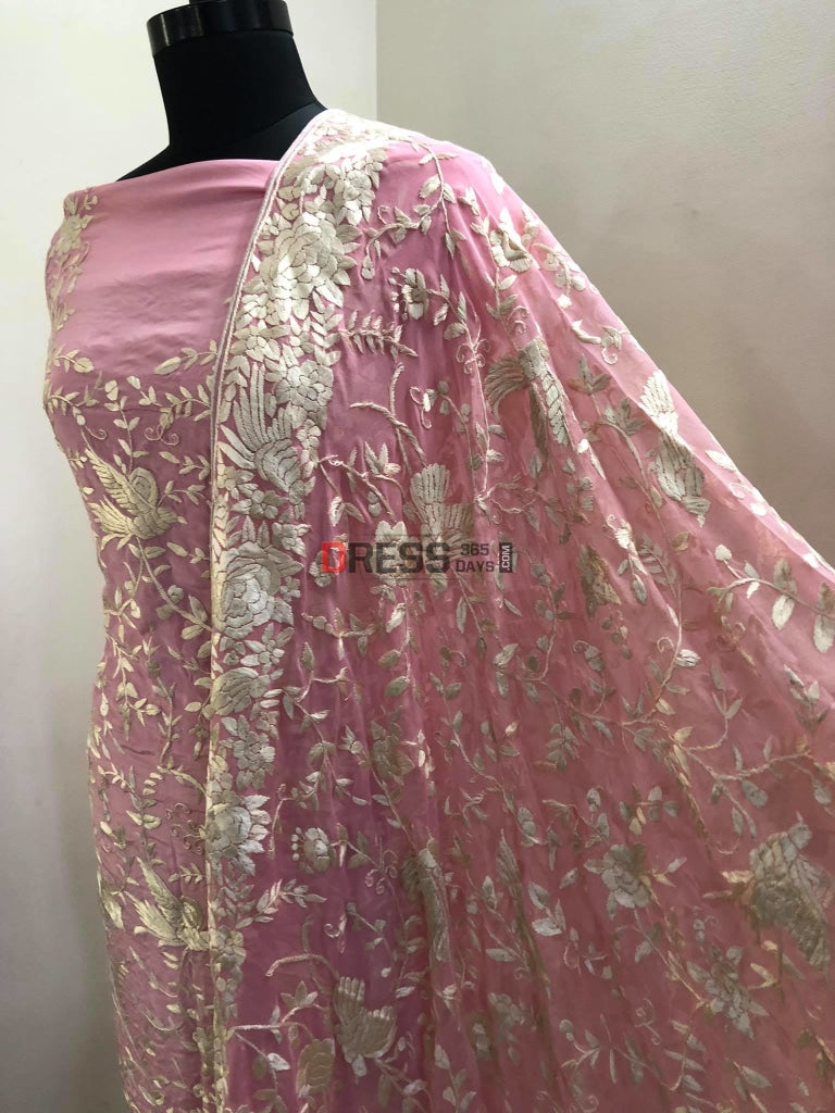Light Pink Parsi Hara Hand Embroidered Suit (Three Piece) Gara Suits