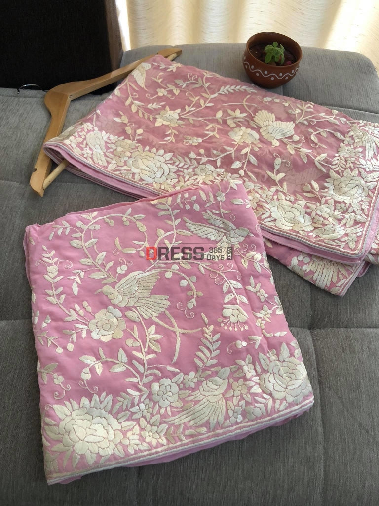 Light Pink Parsi Hara Hand Embroidered Suit (Three Piece) Gara Suits