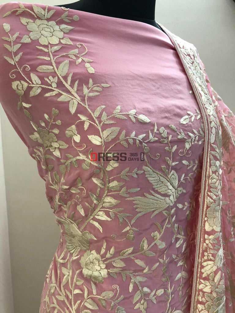 Light Pink Parsi Hara Hand Embroidered Suit (Three Piece) Gara Suits