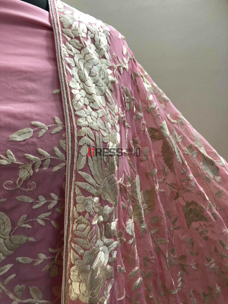 Light Pink Parsi Hara Hand Embroidered Suit (Three Piece) Gara Suits