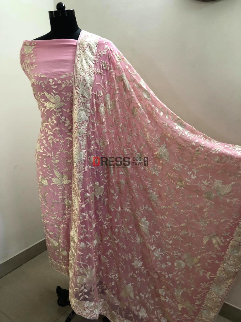 Light Pink Parsi Hara Hand Embroidered Suit (Three Piece) Gara Suits