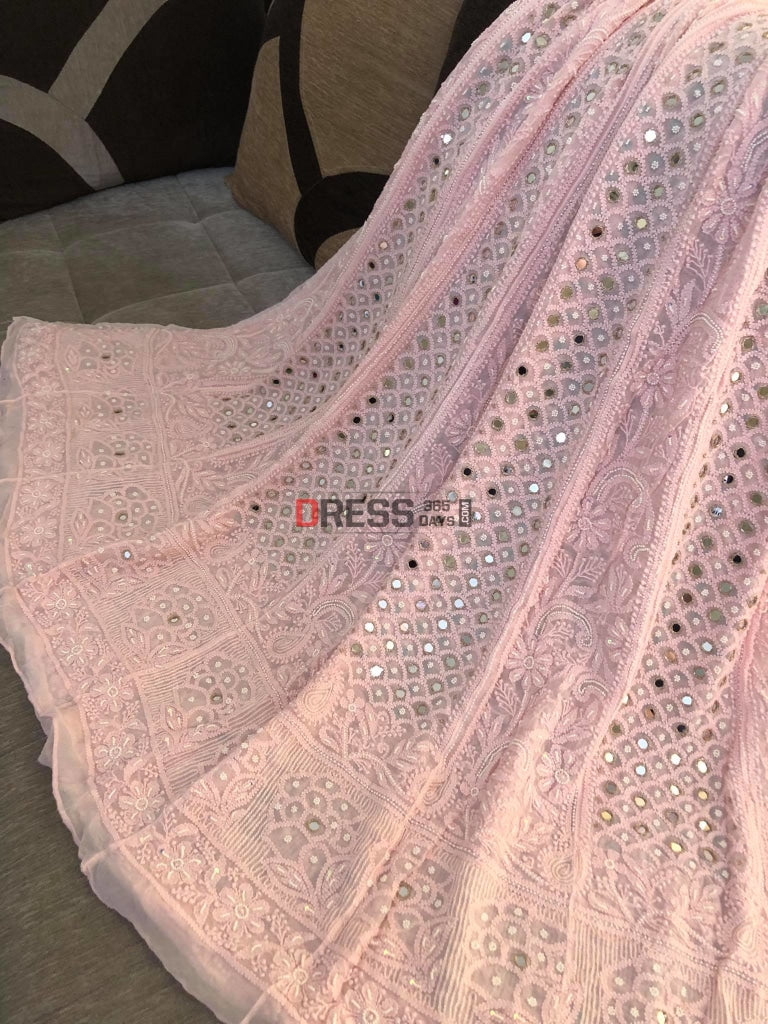 Light Pink Pearl Mirror Anarkali Suit Chikankari