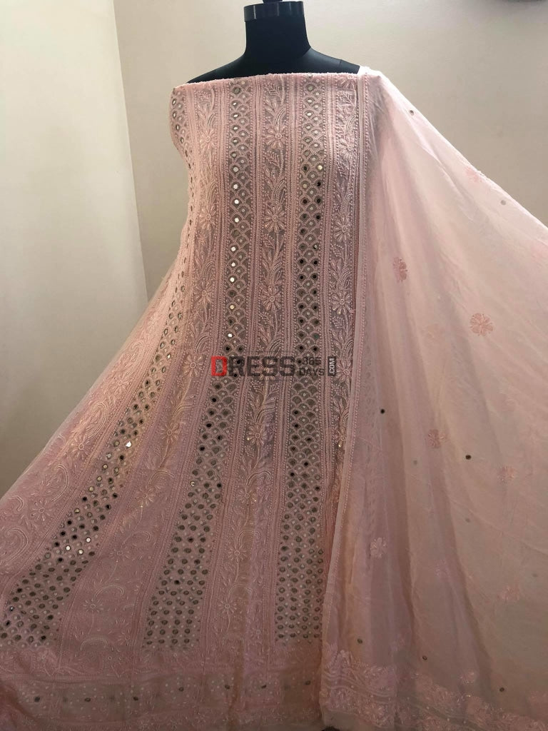 Light Pink Pearl Mirror Anarkali Suit Chikankari