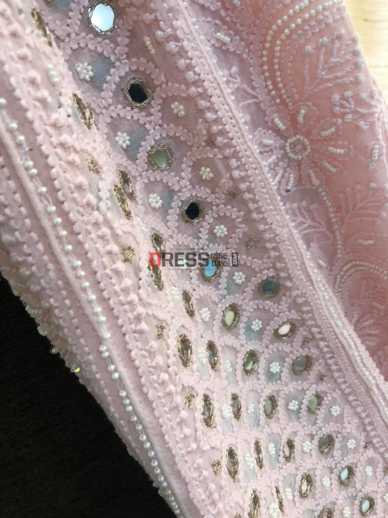 Light Pink Pearl Mirror Anarkali Suit Chikankari