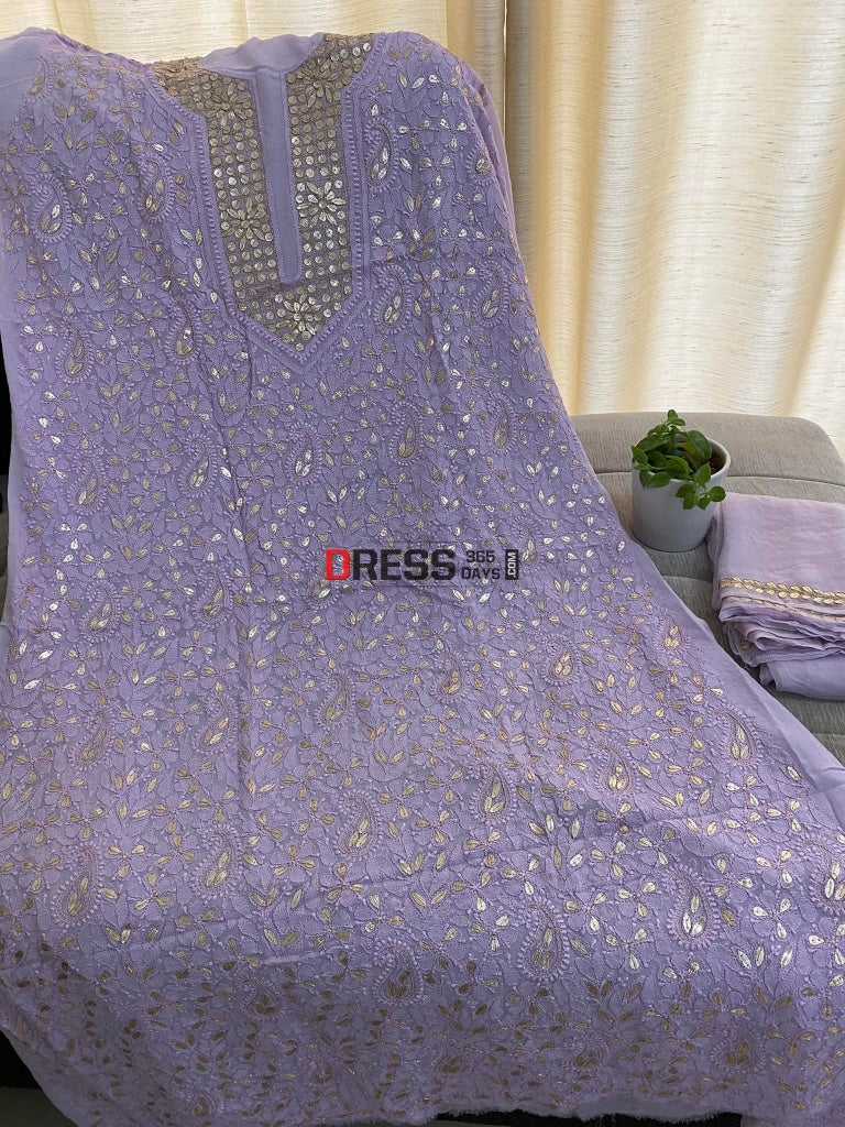 Lilac Gota Patti Neckline Chikankari Kurta Dupatta Suits