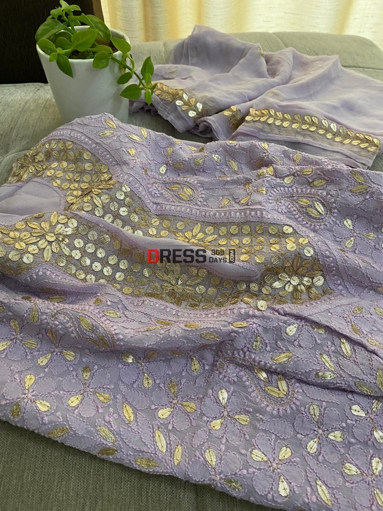 Lilac Gota Patti Neckline Chikankari Kurta Dupatta Suits