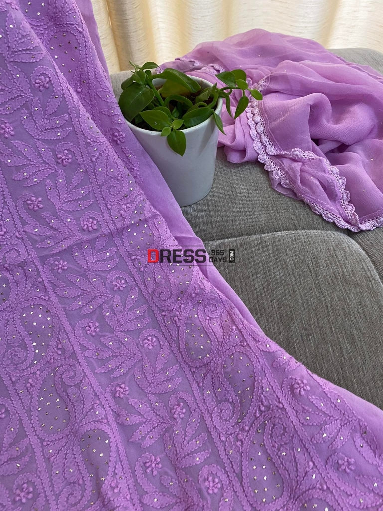 Lilac Mukaish Neckline Chikankari Kurta Dupatta Suits