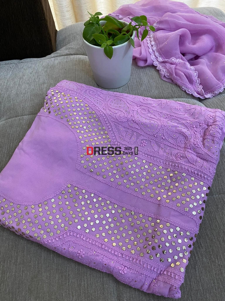 Lilac Mukaish Neckline Chikankari Kurta Dupatta Suits