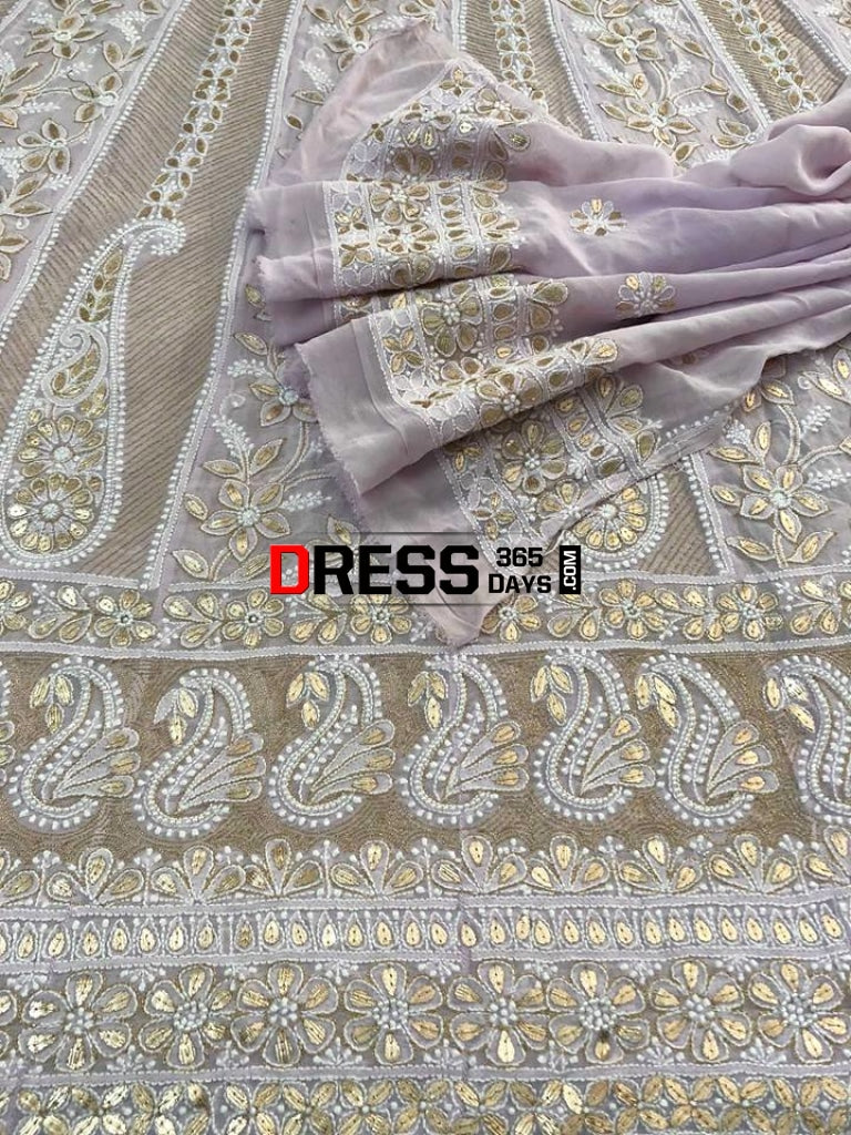 Lilac Pearl And Gota Patti Chikan Work Anarkali (Anarkali Dupatta) Chikankari