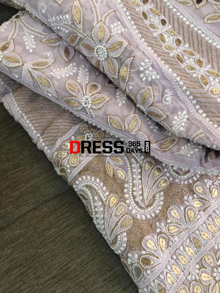Lilac Pearl And Gota Patti Chikan Work Anarkali (Anarkali Dupatta) Chikankari