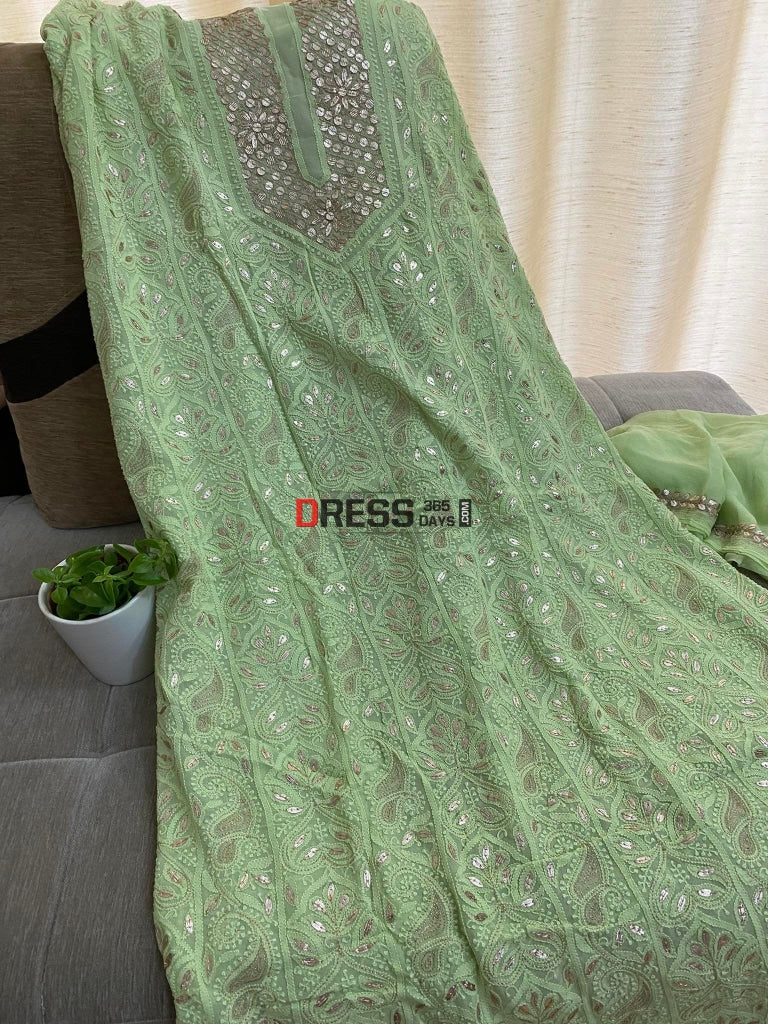 Lime Green Chikankari Gota Patti Neckline Kurta Dupatta Set Suits