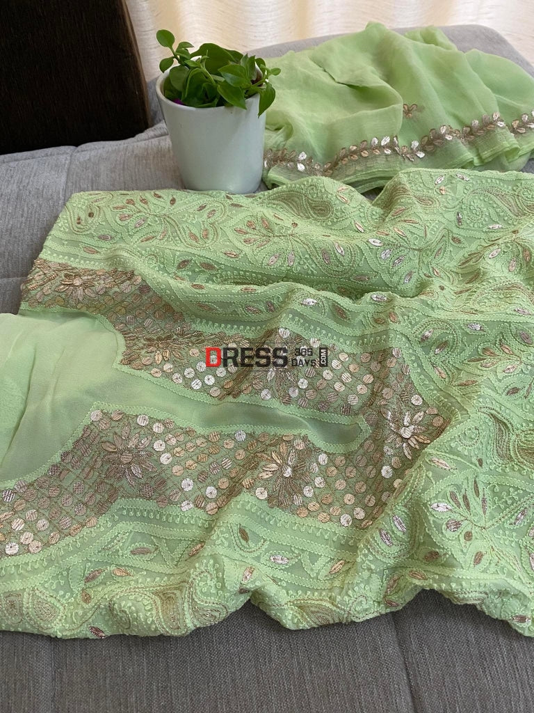 Lime Green Chikankari Gota Patti Neckline Kurta Dupatta Set Suits