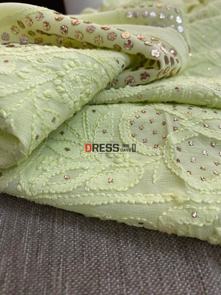 Lime Green Mukaish Neckline Chikankari Kurta Dupatta Suits