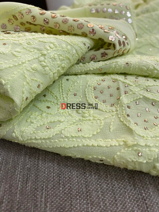 Lime Green Mukaish Neckline Chikankari Kurta Dupatta Suits